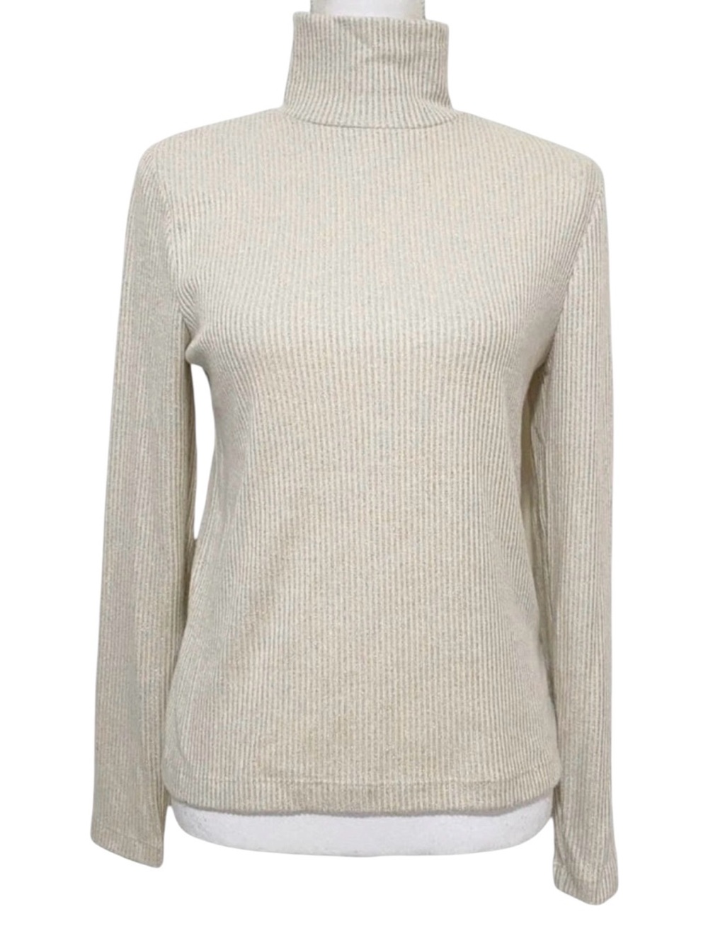 NWT St. John Cream and Gold Ribbed Turtleneck Sweater Sz M - Picture 2 of 6